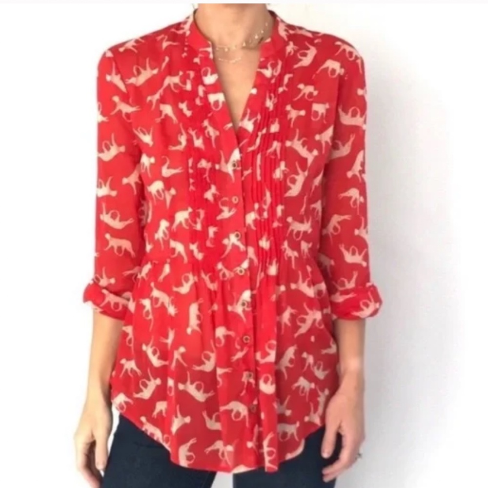 Maeve Anthropologie Red Orange Cat Long Sleeve pintuck blouse,  12